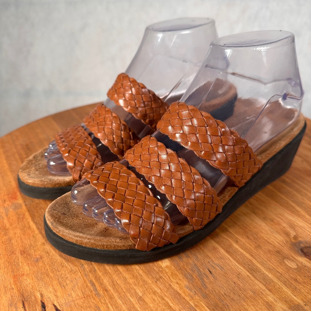 Rockport Woven Leather Wedge Sandals Womens 7.5M Brown Good W9841 Slides